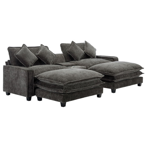 Modern Sectional Sofa With Removable Ottomans, USB Ports