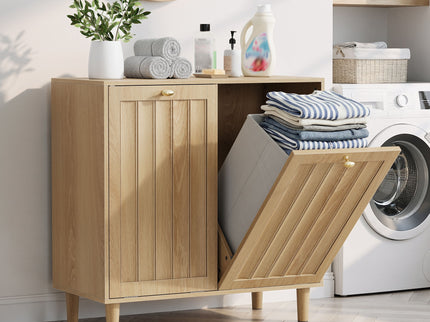 Sloping Laundry Basket With Removable Inner Bin, Concealed Storage Cabinet For Bathroom - Oak