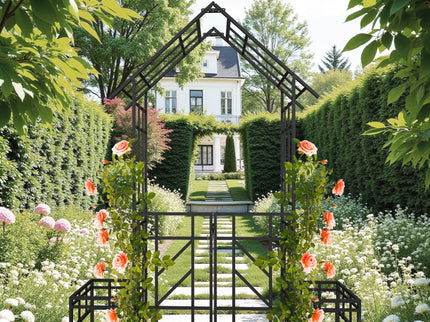 Garden Arch With Gate With Planter, Climbing Plants Support Outdoor - Black