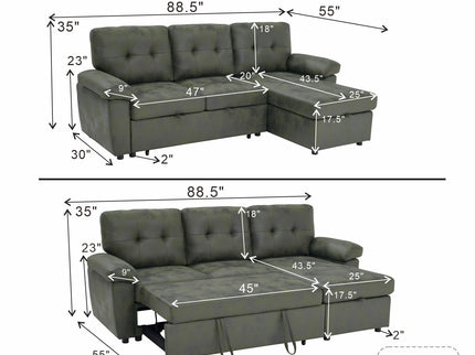 Convertible L - Sectional Sofa Bed With Storage Chaise And Padded Armrests