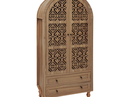 Tall Kitchen Pantry Cabinet With Hollow Carved Doors 2 Drawers And Adjustable Shelves Storage Display Cabinet For Kitchen Dining Room Or Living Room - Walnut