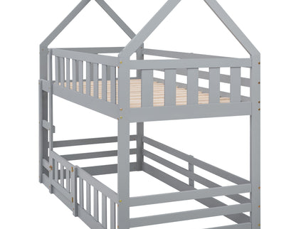 Twin Over Twin House Bunk Bed With Fence And Door