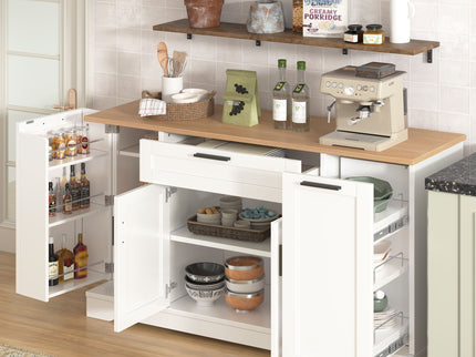 Sideboard With Extendable Table, Adjustable Shelves, 3 Tier Pull Out Rack - White
