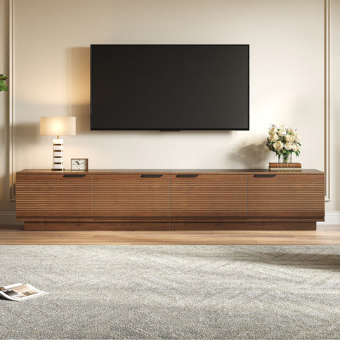TV Stand, Entertainment Center With Fluted Door & Cable Management, Soft Closing Hinges - Walnut