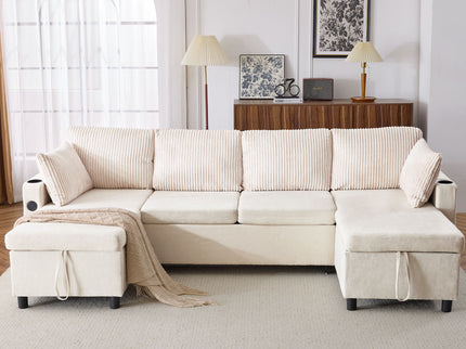 Sectional Sofa Bed With Pull Out Sleeper, USB Ports, Cup Holders