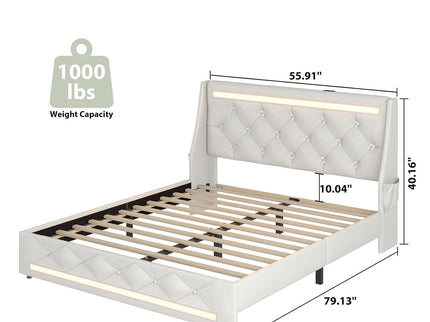Wingback Upholstered Bed Frame With LED Lights, Charging Station