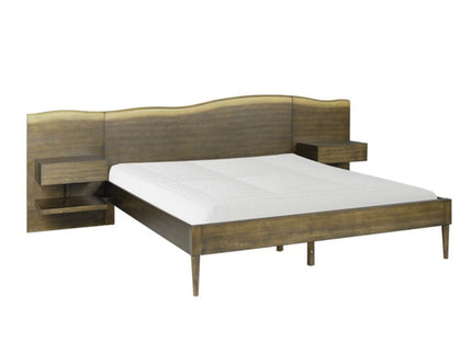 Queen Size Platform Bed Frame With Live Edge Headboard, Built In Nightstands - Dark Brown