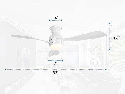 52" Low Profile Ceiling Fan With Lights, Quiet Reversible DC Motor, Dimmable LED, 3 Blades - White