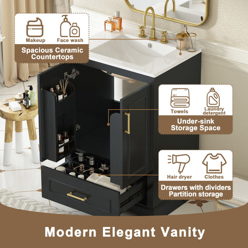 Bathroom Vanity With Sink, 1 Divided Drawer And 2 Soft Close Doors With Double Shelf