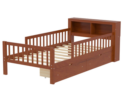 Bed With Headboard Storage Rack, 2 Under Bed Drawers, 3 Side Guardrails For Safety