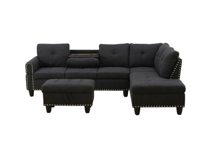 L - Shaped 3 Piece Sectional Sofa With Chaise, Storage Ottoman & Cup Holders