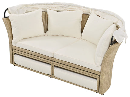Outdoor Patio Daybed Wicker Rattan Double Daybed Round Sofa Furniture Set With Retractable Canopy, 4 Pillows For Lawn Garden