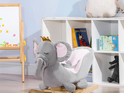 Qaba - Baby Rocking Horse Elephant Rocking Chair Toddler Rocker Toy With Sound Wooden Base Seat Safety Belt For 1.5-3 Year Old - Gray
