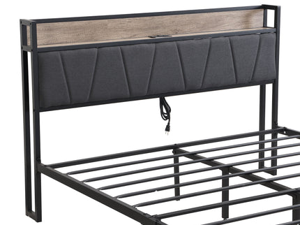 Modern Bed Frame With LED Lights, Upholstered Headboard, USB Charging