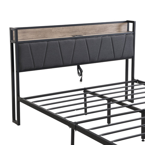 Modern Bed Frame With LED Lights, Upholstered Headboard, USB Charging