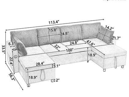 Sectional Sofa Bed With Pull Out Sleeper, USB Ports, Cup Holders