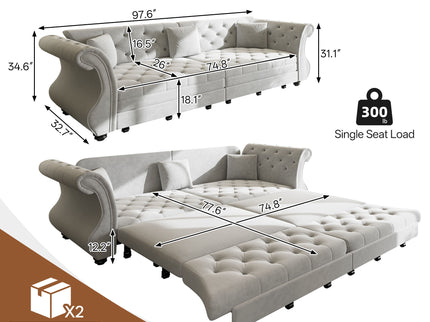 Oversized Chesterfield Pull Out Sofa Bed, Roll Arm Couch With Flower Tufting For Living Room
