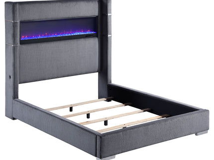 Haven - Upholstered Queen Bed With Integrated Flame Box - Gray