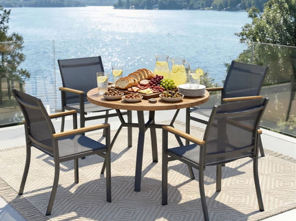 Gray Aluminum Patio Dining Set With Textilene Chairs, 5 Piece All Weather Round Table And 4 Seater For Garden, Deck, Or Porch