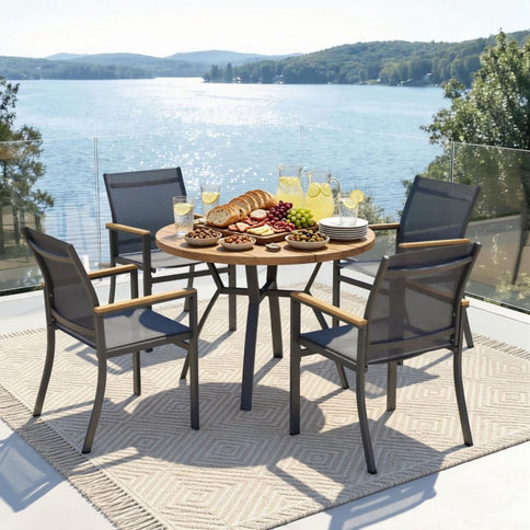 Gray Aluminum Patio Dining Set With Textilene Chairs, 5 Piece All Weather Round Table And 4 Seater For Garden, Deck, Or Porch