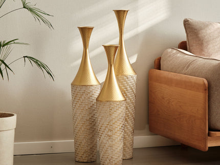 Floor Metal Vase Modern Style Decoration Home Woven Pattern Metal Vase 3 Piece Set Gorgeous Home Decoration Large Glazed Metal Vase - Champagne