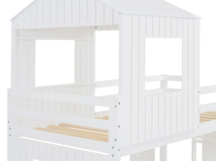 Loft Bunk Bed With Playhouse, Farmhouse, Ladder, Slide And Guardrails
