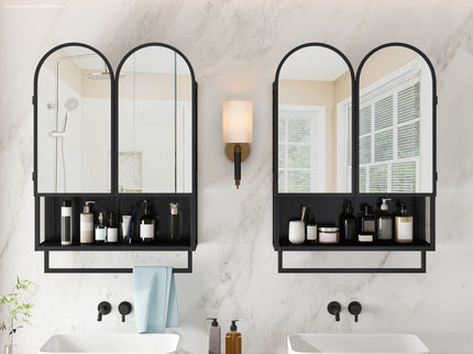 Double Arched Mirror Wall Cabinet With 2 Doors, Featuring Adjustable Shelves And Towel Rack