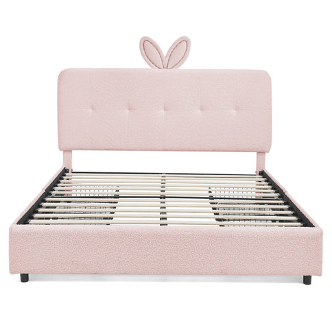 Upholstered Bed With Oversized Rabbit Ear Headboard, LED Lights & 4 Storage Drawers