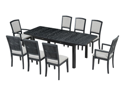 Topmax - Rustic Extendable Dining Table Set With Removable Leaf, 6 Upholstered Armless Dining Chairs And 2 Padded Arm Chairs, 9 Pieces