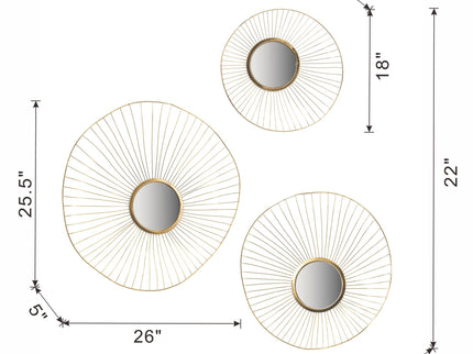 Wall Mirror Abstract Designed Wall Mirrors WithFrame For Home & Office, Top Of Sideboard (Set of 3) - Gold