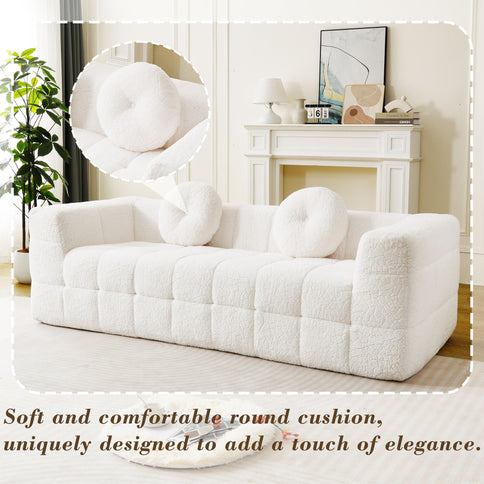 Boneless 3 Seater Sofa With Circular Throw Pillows - Beige