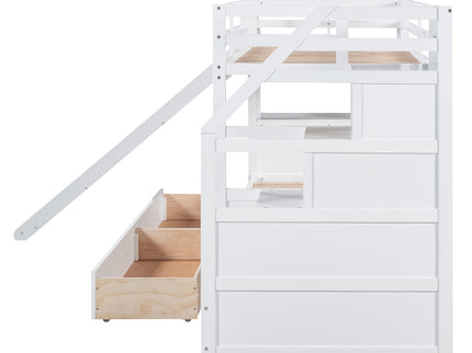 Bunk Bed With Storage Staircase, Slide, Desk, Drawers, And Shelves