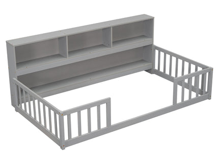 Floor Bed With Bedside Bookcase, Shelves, Guardrails