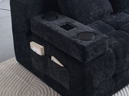 L - Shaped Sectional Sofa With Side Pockets, Wireless Charging, USB Ports, Cup Holder, Bluetooth Speaker, Reversible Lounge Chaise - Black