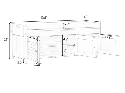 Storage Bench With 3 Shutter-Shaped Doors, Shoe Bench With Removable Cushion And Hidden Storage Space