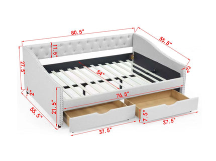 Upholstered Tufted Daybed With Drawers, Waved Arms