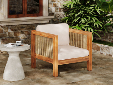 Outdoor Club Chair With Rope Arm And Cushions - Beige / Teak