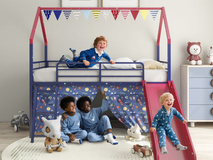 Jack - House Loft Bed With Slide And Curtain Set