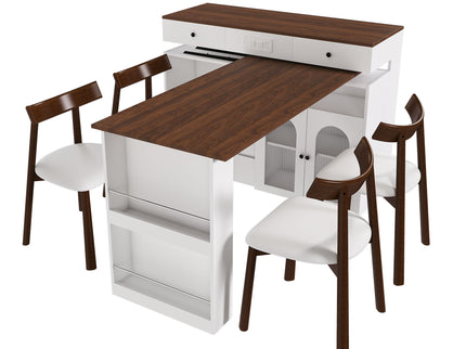 Retro Kitchen Island Set With Chairs, Extendable & Rotating Table, 4 Drawers & Door Cabinets