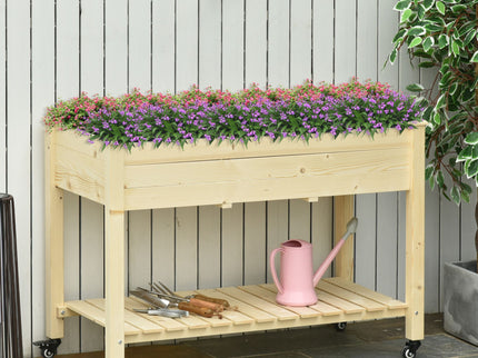 Outsunny - Raised Garden Bed, 47" x 22" x 33", Elevated Wooden Planter Box With Lockable Wheels, Storage Shelf, And Bed Liner For Backyard, Patio - Natural