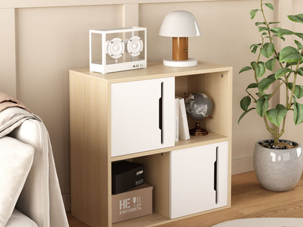 Storage Cabinet With Sliding Doors, 2 Tier Open And Closed Shelves Organizer - Natural / White