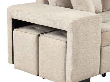 Modern L-Shape 3 Seat Reversible Sectional Couch, Pull Out Sleeper Sofa With Storage Chaise And 2 Stools For Living Room Furniture Set