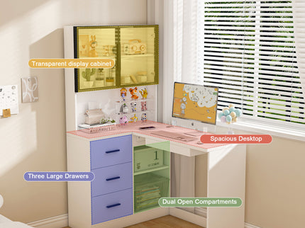 L-Shaped Computer Desk With Glass Cabinets, Built In LED Lights, USB Charging Ports