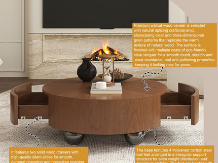 Drum Shaped Coffee Table With Hidden Storage Drawer, Low Profile For Living Room - Walnut