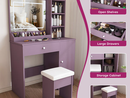 Vanity Desk Set With Padded Stool & Adjustable LED Mirror, 3 Color Mode Lighting, Compact For Bedroom - Purple