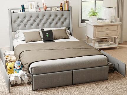 Platform Bed Frame With RGB LED Lights, Charging Station, Storage Headboard & 4 Underbed Drawers