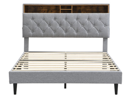Modern Upholstered Platform Bed Frame With Button Tufted Headboard And USB Ports