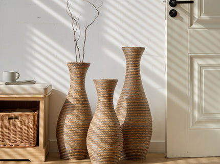 3 Piece Artificial Rattan Floor Vase Set Decorative Accent For Living Room, Hallway & Entryway, Ideal For Dried Or Silk Flower Arrangements - Beige