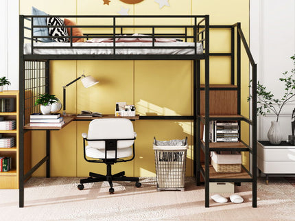 Loft Bed With Desk And Grid, Stylish Frame With Lateral Storage Ladder And Wardrobe