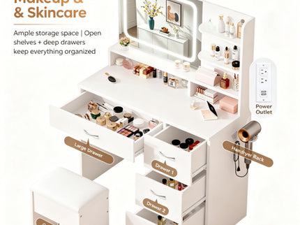 Vanity With LED Mirror And Storage Drawers For Bedrooms - Cream White